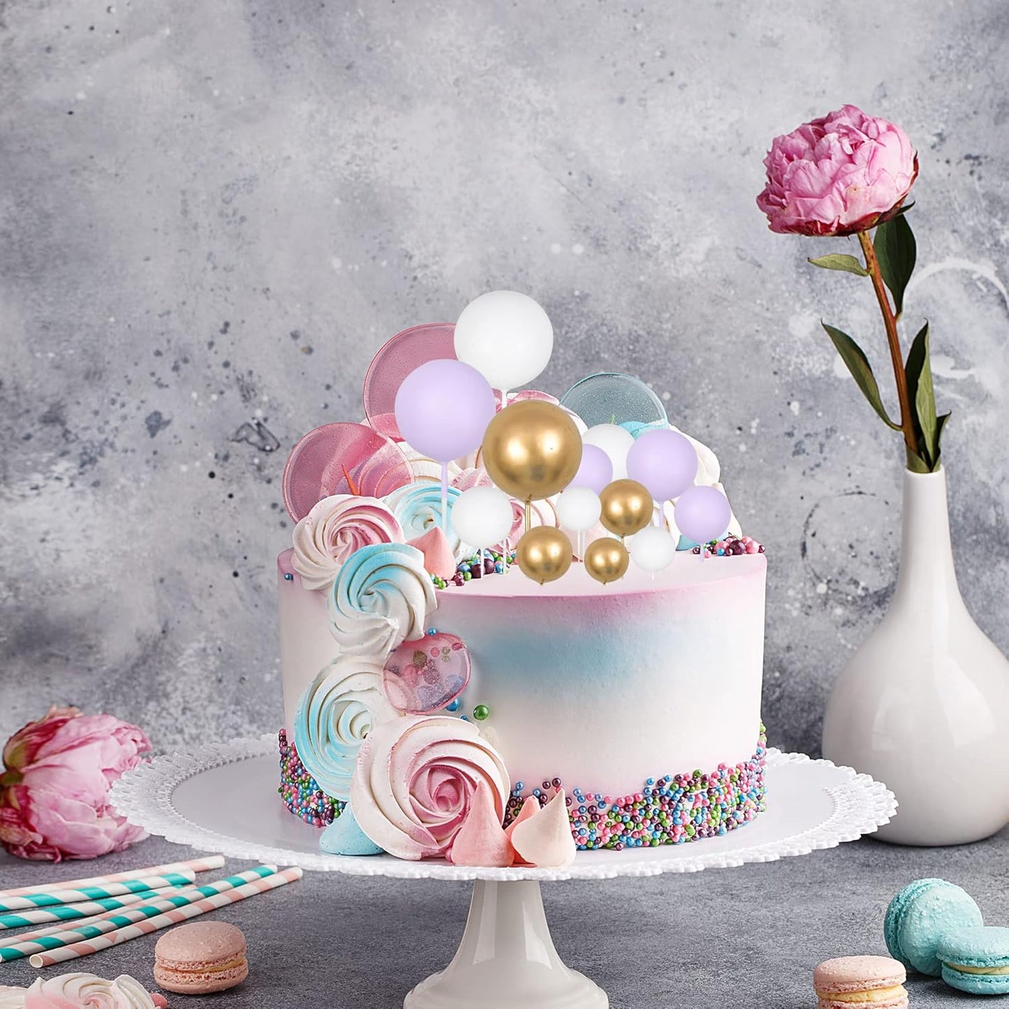 Gyufise 30Pcs Ball Cake Topper Ball Cake Picks Colorful Pearl Ball Shaped Cupcake Insert Cake Topper for Babyshower Birthday Party Favors Wedding Decoration Supplies Purple White Gold