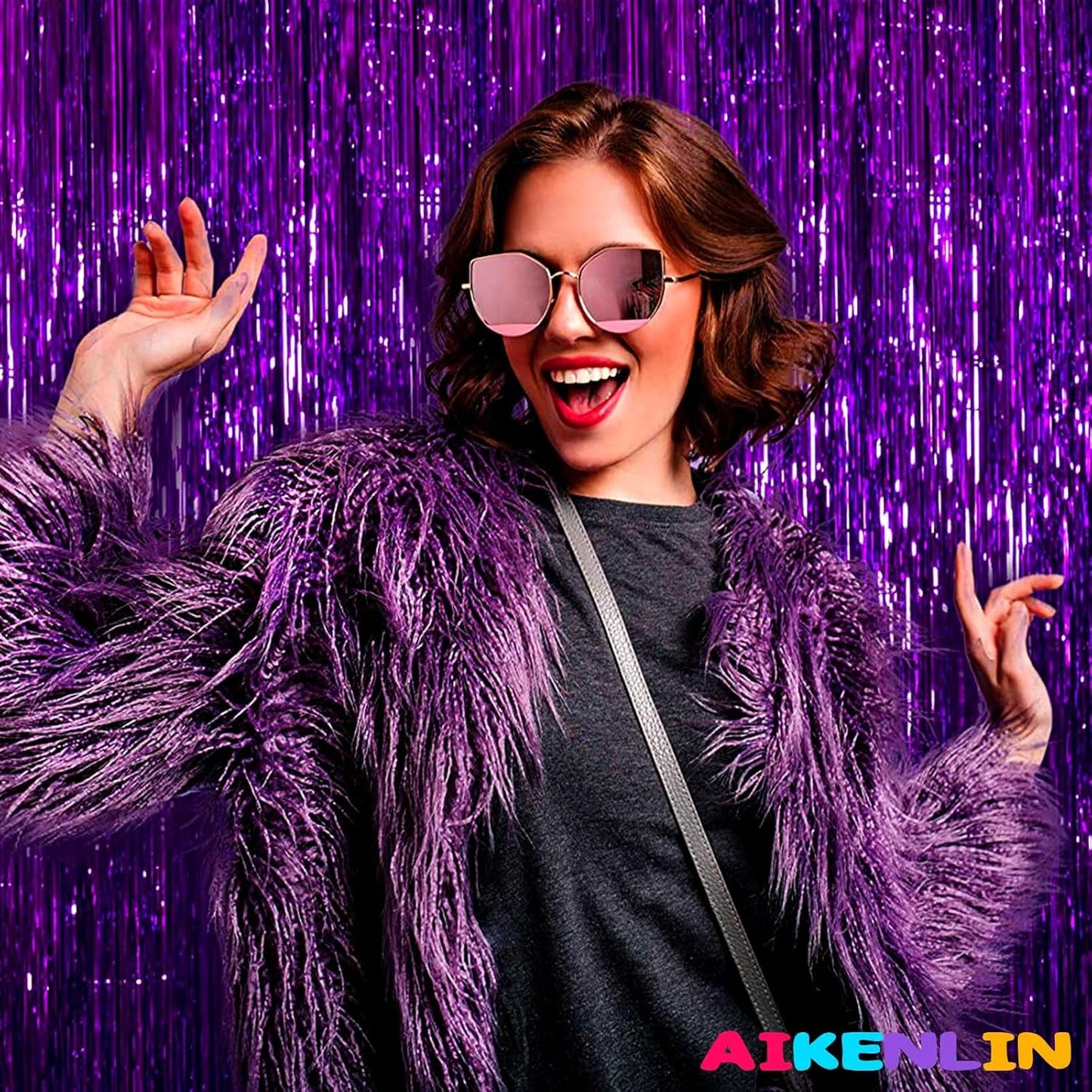 4 Pack 3.3Ft x 6.6Ft Purple Foil Fringe Curtain Backdrop, Metallic Tinsel Foil Fringe Streamers Curtains Background for Photo Booth, Birthday, Wedding, Halloween, Christmas Party Decoration