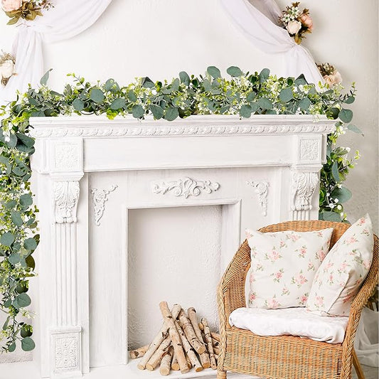 2 Pcs Eucalyptus Garland with White Gypsophila,5.9FT Artificial Greenery Garland Fake Vines Eucalyptus Garland for Wedding Centerpiece Table Party Indoor Outdoor Wall Decor