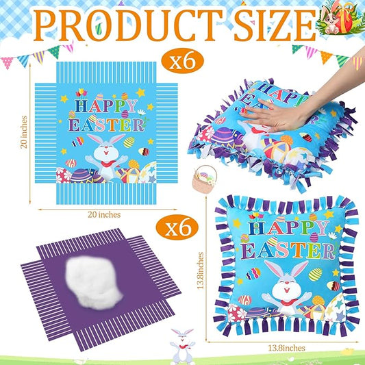 Mindsoft 6 Sets Easter Bunny Fleece Tied Pillow Craft Kits – DIY Easter Decor, No Sewing Required, Colorful Rabbit & Egg Design, Home Activity, Gift for Spring Party