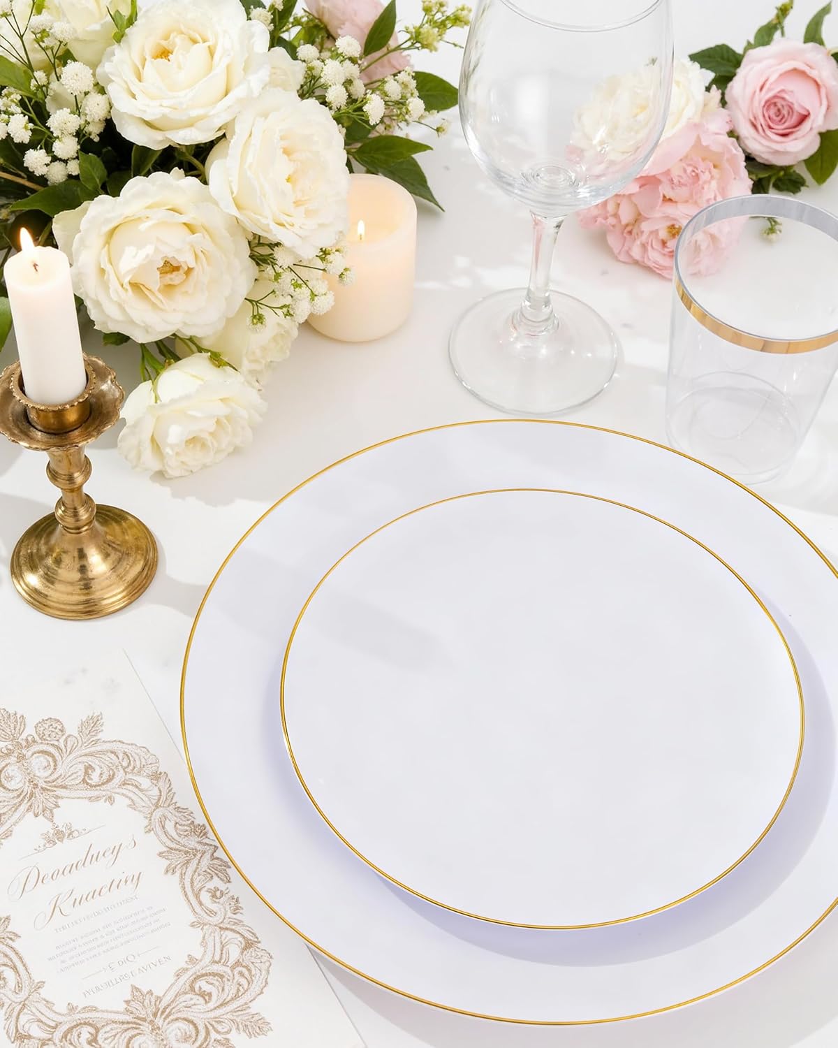 Nervure 100 Pieces Gold Plastic Plates - 10.25 inch Gold Dinner Plates - Heavyweight White and Gold Disposable Plates Ideal for Wedding & Party & Thanksgiving