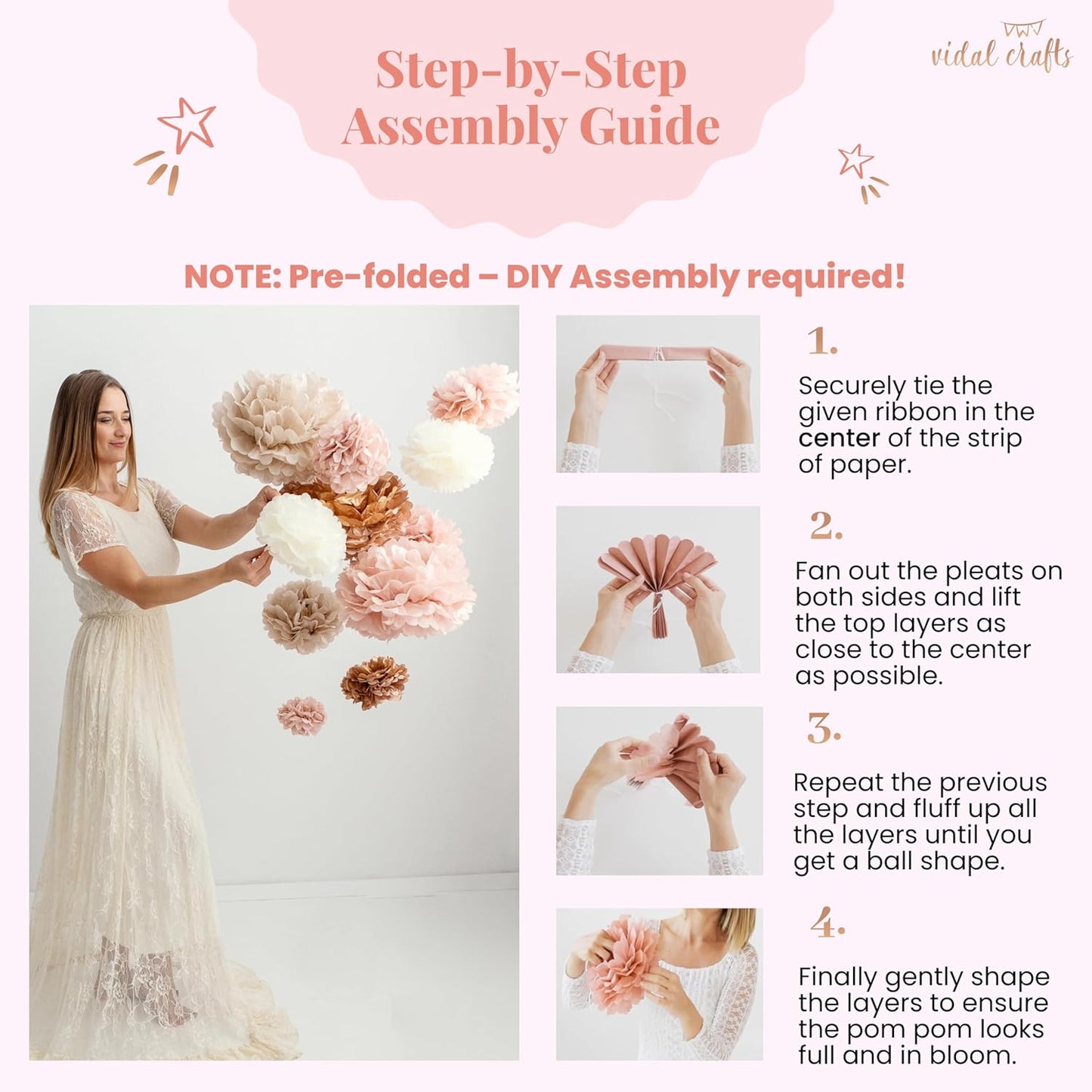 Vidal Crafts 20-Piece Boho Tissue Paper Pom Poms - Hanging Tissue Paper Flowers for Bridal Shower Decorations, Baby Shower Decorations for Girl, Wedding, Birthday Party - Assorted Sizes 6" to 14"