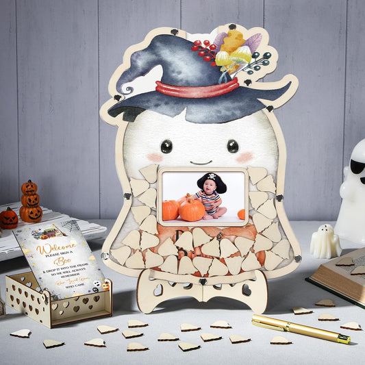 Wenqik 63 Pcs Halloween Little Boo Baby Shower Guest Book Alternatives Set Baby Shower Decorations with Photo Frame Sonogram Frame Keepsake 60 Wood Slices Guest Book for Birthday