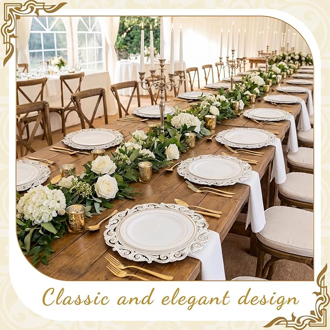 12 Pcs Antique White Charger Plates Bulk 13 Inch Embossed Rim Plastic Round Decorative Plates Charger for Dinner Wedding Party Event Table Setting Decoration (Hollowed out Wave)