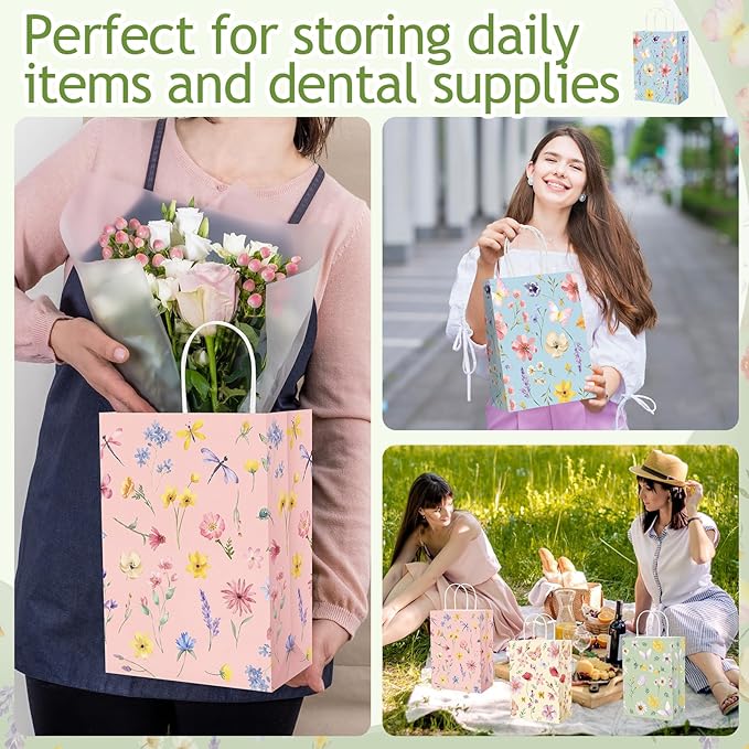 Gaillty 24 Pcs Floral Paper Gift Bags Flower Butterfly Goodie Bags with Handles Wildflower Wedding Welcome Bag for Wedding Bridal Shower Engagement Baby Shower Birthday Spring Tea Party Supplies