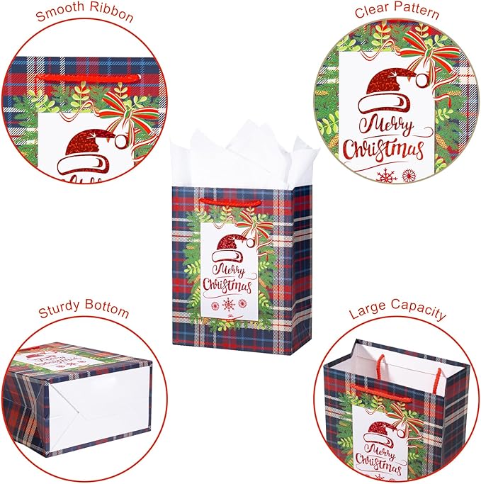 Loveinside Christmas Gift Bags Set, Gold Foil Holiday Wreath & Plaid Design, Medium Size Bags with Handle, Tissue Paper for Christmas Gifts & Party Favors, 4 Pack, 7" X 4" X 9"