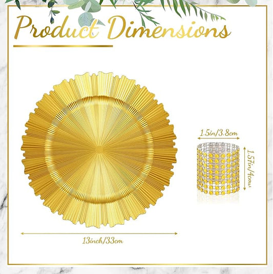 Tanlade 50 Set Bright Gold Charger Plates Bulk with Napkin Rings Plastic 13" Plate Charger Fluted Edge Wedding Decoration for Table Wedding Party Event(Gear)