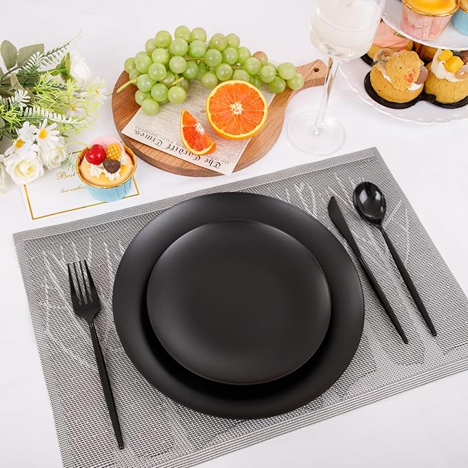 EI 150pcs Black Plastic Plates Frosted Plastic Plate,Premium Heavy Duty Black Plastic Plates,Black Disposable Plates with Plastic Silverware,10.25" Dinner Plates and 7.5" Dessert Plate Wedding Party