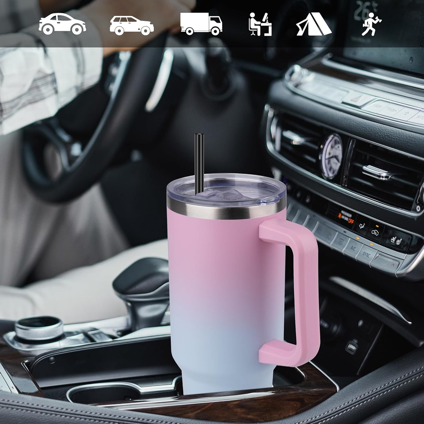 DOMICARE 40 oz Tumbler with Handle and Straw, Stainless Steel Tumbler with Lid and Straw, Reusable Vacuum Insulated Cup, Travel Coffee Mug, Dreamy Pink Blue, 1Pack
