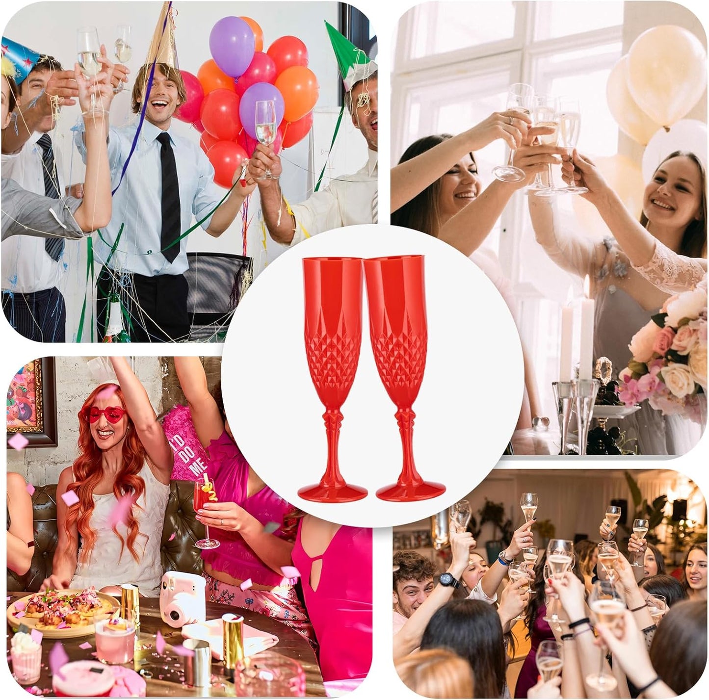 7.1OZ Plastic Champagne Flutes,48PCS Red Acrylic Wine Glasses Goblets Shatterproof Mimosa Bar Reusable Vintage Champagne Flutes Stemmed Drinking Cups for Weddings Bachelor Parties, Toasting,Christmas