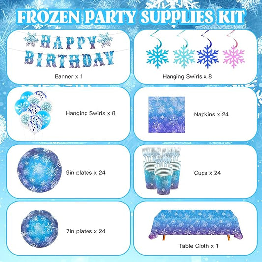 148pcs Snowflake Frozen Birthday Party Supplies,Blue and Purple Snowflake Winter Wonderland Paper Plates and Napkins Kit for Christmas Winter Holiday New Year Party Supplies Decorations,Serves 24