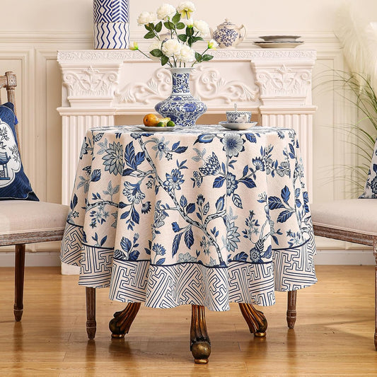 Vintage French Linen Round Tablecloth,Blue and White Floral Wrinkle Free Tablecloths,Decorative Table Cover for Kitchen,Dining,Tea Party,Thanksgiving,Christmas,Diameter 67"-Suqing