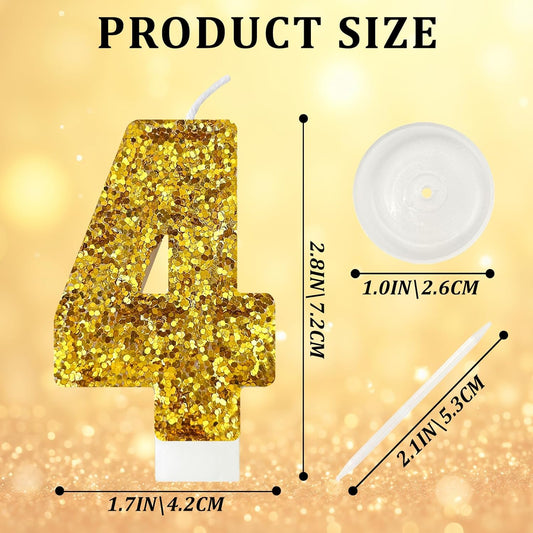 Birthday Number Candles, Glitter Number Candle Cake Decorations with Sequins, Cupcake Decorations for Girls, Women, Party Anniversary Celebrations (Number 4, Golden)
