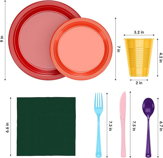 Exquisite 350 Pcs Rainbow Plastic Plates For Party, Rainbow Disposable Plates Set, 50 Of Each 9" Dinner Plate Set, 7" Dessert Plate, Cups, Napkins & Cutlery Plastic Dinnerware