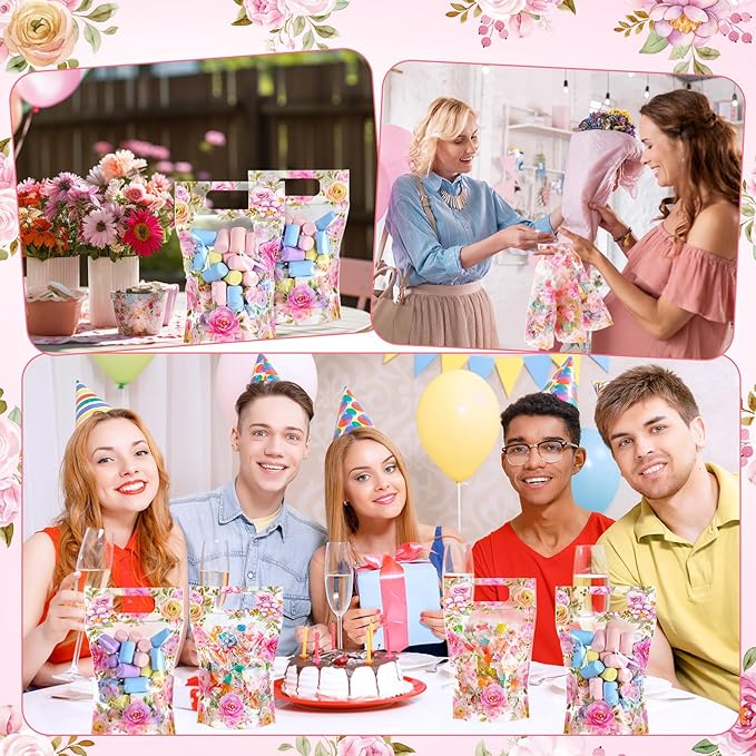 Blosssound 50 Pcs Floral Plastic Bags Clear Flower Baby Shower Bags Pink Flower Baby in Bloom Favor Pouches with Handles for Pink Tea Party Birthday Candy Gift Wrapping Supplies Decoration (Floral)