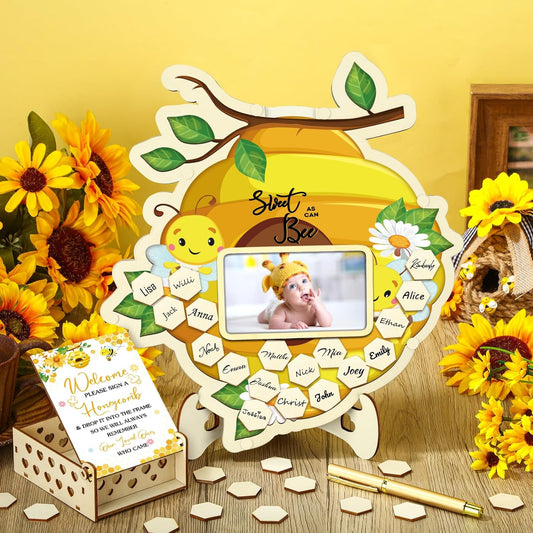 Wenqik 63 Pcs Bee Baby Shower Guest Book Alternatives Set Baby Shower Decorations with Photo Frame Sonogram Frame Keepsake 60 Wood Slices Guest Book for Birthday