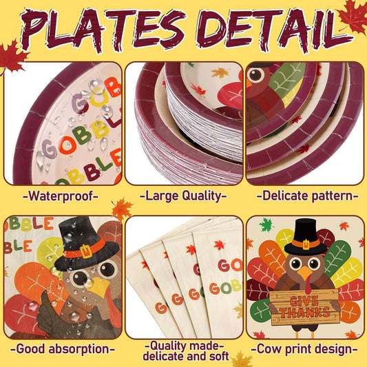 452 Pcs Turkey Thanksgiving Party Supplies for 50 Guests, Fall Thanksgiving Paper Plates Napkins Cups Tablecloth Cutlery Straws Tableware Set for Autumn Friendsgiving Party Decorations