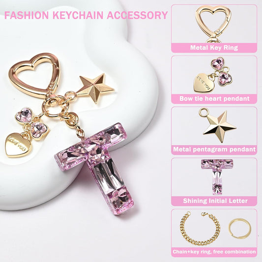 Cute Bling Keychain initial Letter Butterfly Star Pink Purple Gift for Women Girls Bag Cup Charms Accessories