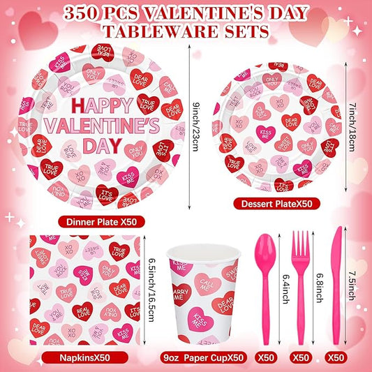 Layhit 350 Pcs Valentine's Day Tableware Sets Conversation Heart Paper Plates Valentines Plates Napkins Cups Disposable Pink Heart Candy Dinnerware for Valentine Weddings Birthday