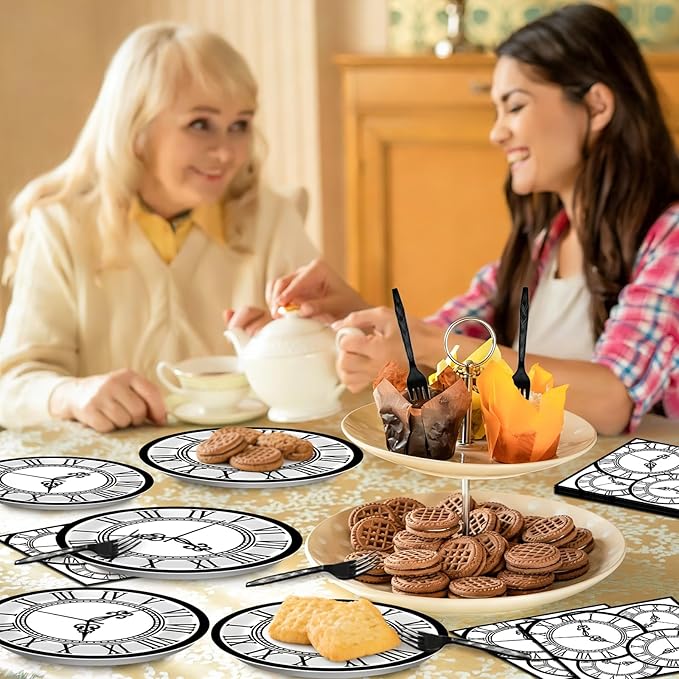 96PCS Wonderland Tea Party Paper Plates and Napkins Wonderland Disposable Dinnerware Clock Theme Tableware for Tea Baby Shower Garden Afternoon Birthday Gatherings Decorations