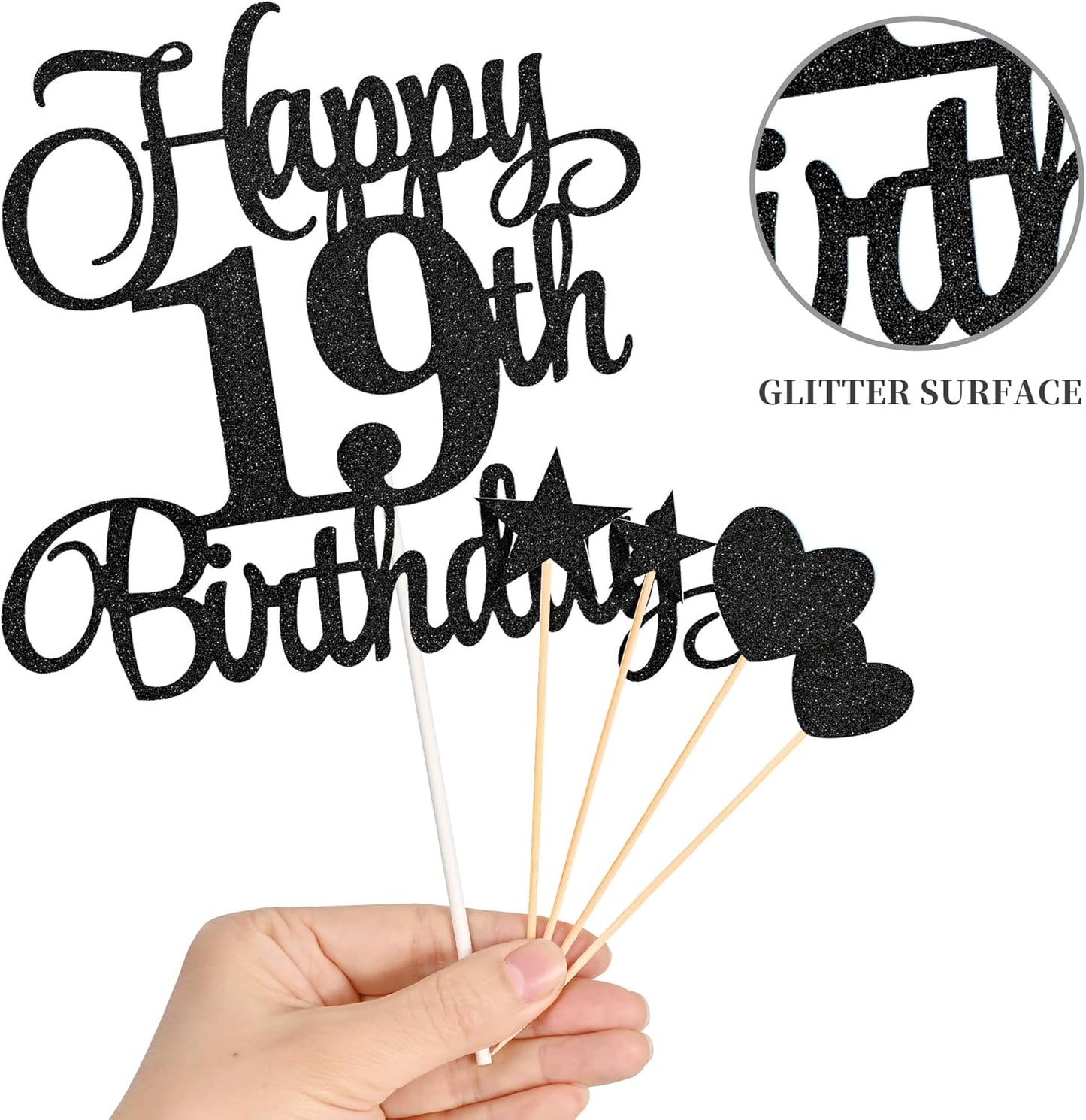 19th Birthday Cake Decorations, 19th Birthday Candles Cake Numeral Candles and Glitter Happy 19th Birthday Cake Toppers Set for Birthday Party Supplies (Black)