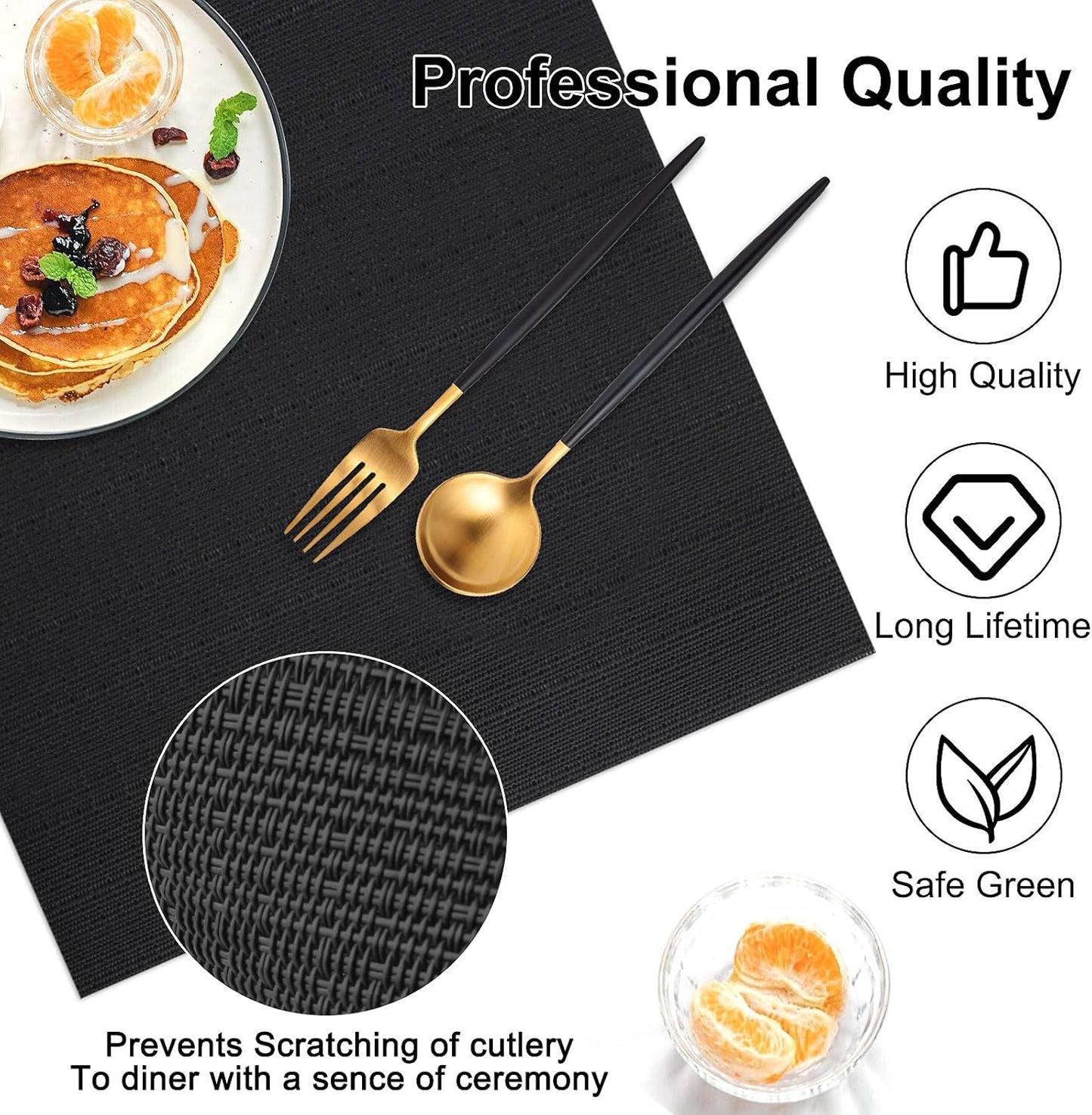 Vinyl Placemats Set of 4, PVC Woven Washable Non-Slip Table Mats, Heat Resistant Wrinkle Free Place Mats for Dining Table, Easy to Clean (4, Black)