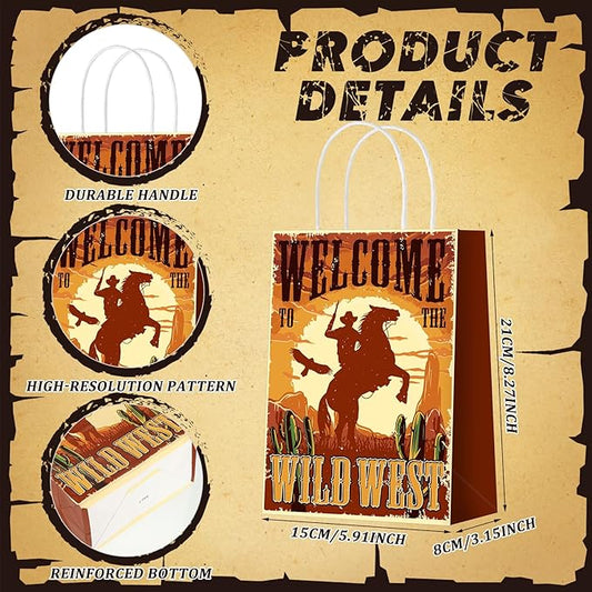 Outus 24 Pcs Cowboy Party Favor Bags Western Cowboy Goodie Candy Bags Paper Rodeo Bag Wild West Gift Treat Pouch with Handles for Cowgirl Birthday Party Supplies