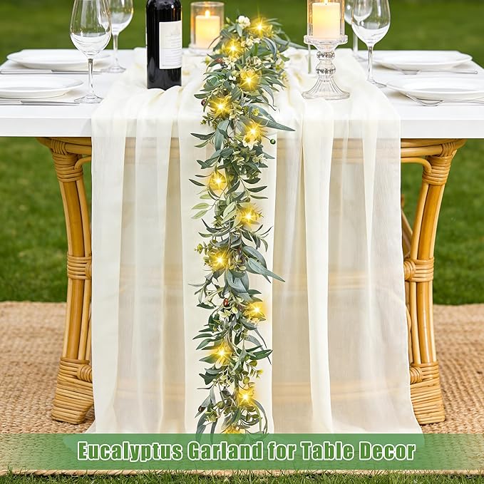 Artgar Olive Garland with Lights - 6 Ft Eucalyptus Garland with Timer 30 Fairy Lights, Artificial Greenery Olive Leaf Vine Garlands for Indoor Outdoor Wedding Arch Backdrop Table Spring/Summer Decor