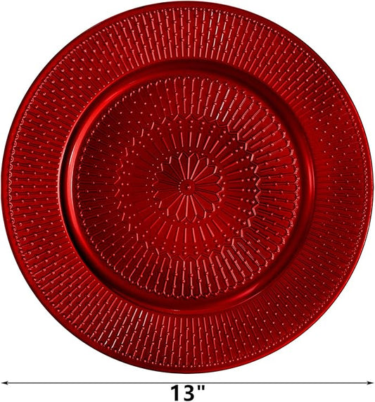 DEAYOU 12 Pack Red Charger Plate, 13-inch Beaded Chargers for Dinner Plates, Plastic Reusable Round Charger Platters for Wedding, Party, Event, Table Setting, Decoration, Holiday
