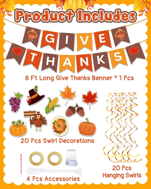 45 Pcs Thanksgiving Decorations, GIVE THANKS Banner with Hanging Swirls for Indoor Wall, Friendsgiving Decorations for Party Office Home Classroom