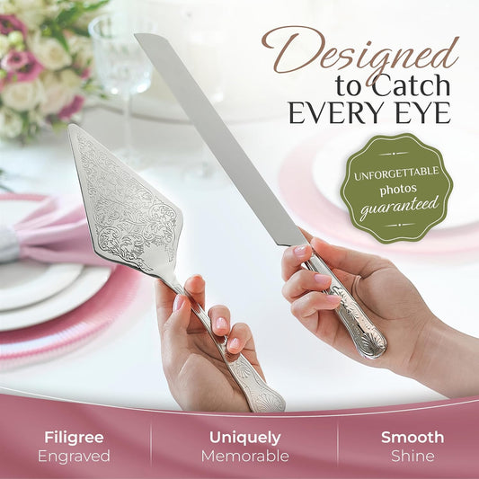 Orblue Wedding Cake Knife and Server Set - Premium, Beautifully Engraved Cutting Set - Elegant Keepsake for Newlyweds Silver