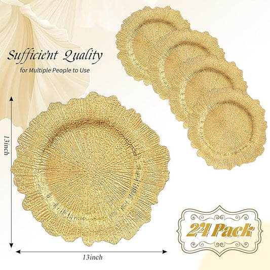 24 Pack Gold Charger Plates Bulk, 13" Plastic Reef Chargers for Dinner Plates, Round Charger Plate with Floral Reef Design for Dinner Wedding Party Table Setting Decoration