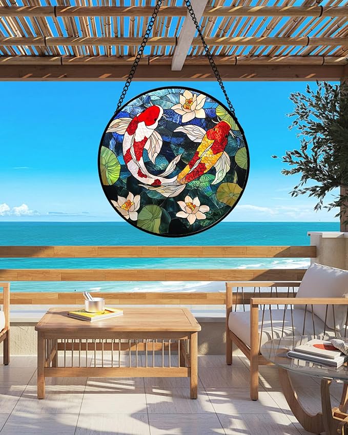 Stained Glass Window Hanging, Koi and Lotus Sun Catcher for Door Home Decor Fish Suncatcher Christmas Mother's Day Birthday Gifts for Women Men Mom and Nana 7.8 in