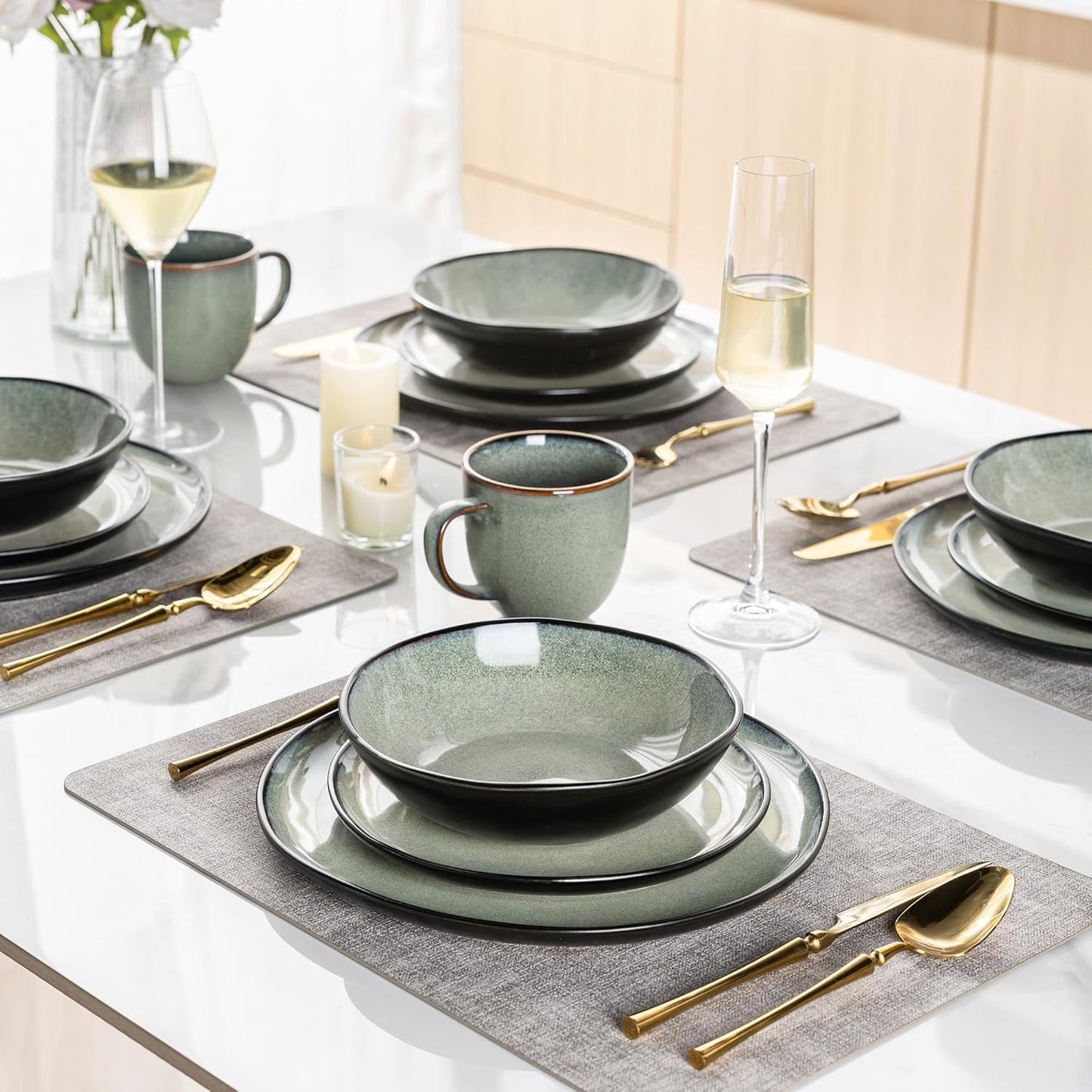 AmorArc Ceramic Dinnerware Sets,Handmade Reactive Glaze Stoneware Plates and Bowls Set,Highly Chip and Crack Resistant | Dishwasher & Microwave Safe Dishes Set,Service for 4 (12pc)