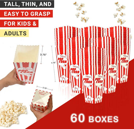 60 Movie Night Popcorn Paper Boxes Buckets 7.75 Inches Tall Large Box & Holds 46 Oz Old Fashion Vintage Retro Party Design Red & White Colored Nostalgic Carnival Stripes Bags & Tubs various qty avail