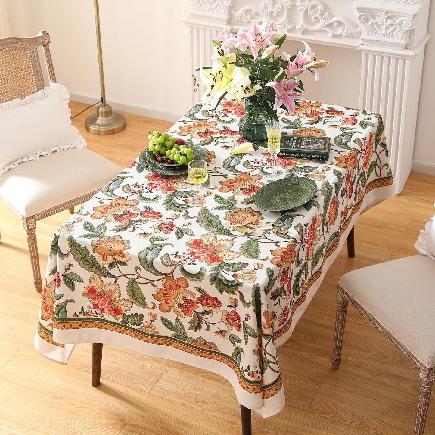 patdrea Designer Linen Square Tablecloth,Vintage Provencal Rustic Floral Pattern Tablecloths,Decorative Table Cover Cloth for Kitchen,Dining,Tea Party,Home,Christmas,55"*55"