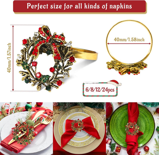 Legigo Set of 8 Christmas Wreath Napkin Rings Set- Diamond Wreath Xmas Napkin Ring Holders for Cloth Napkins, Christmas Holiday Party Dinner Table Decoration