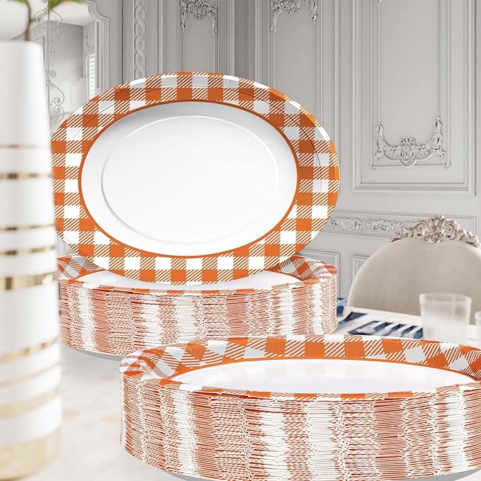 50pcs Fall Gingham Oval Paper Plates 10" x 12" Large Disposable Heavy Duty Orange & White Buffalo Checked Plaid Platters Thanksgiving Dessert Plates for Fall Harvest Themed Party Supplies Table Decor