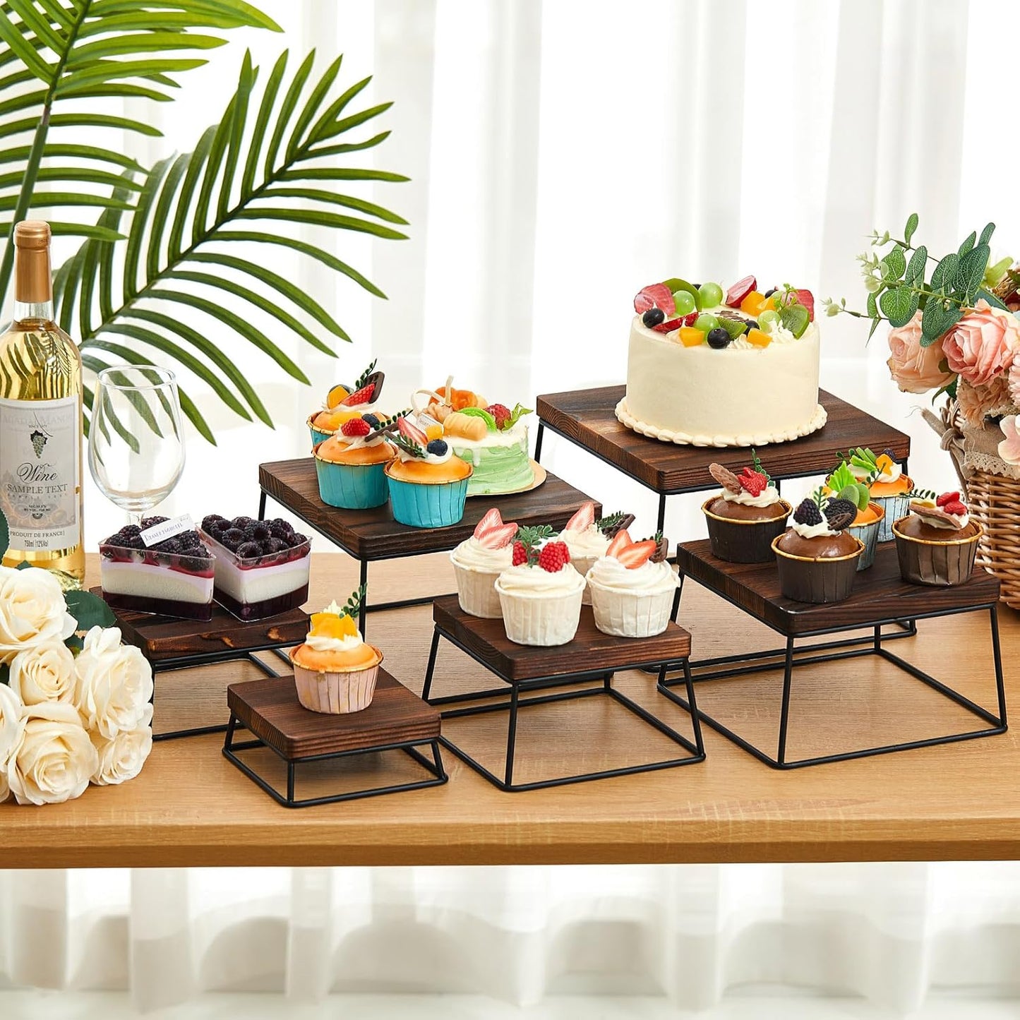 Weysat Set of 6 Dessert Tabletop Display Wood Dessert Display Stands for Cup Cake or Food, Buffet Table Tiered Stand Jewelry Figures Show Rustic Brown