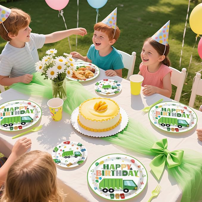Grencian 96Pcs Trash Truck Birthday Decoration - Garbage Truck Plates and Napkins Trash Party Disposable Tableware for Kids Boys Recycling Rubbish Birthday Party Decorations Serves 24