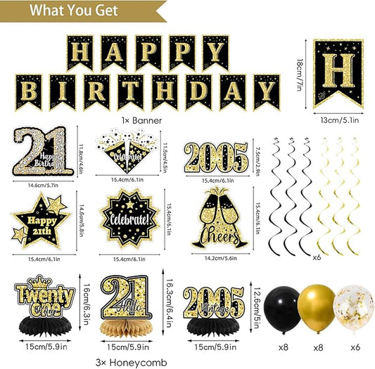21st Birthday Decorations for Him, Black Gold Back in 2005 Party Supplies Kit with Sash, Banner, Backdrop, Balloons, Cake Topper & Honeycomb Centerpieces, 21 Year Old Birthday Party Decor Set