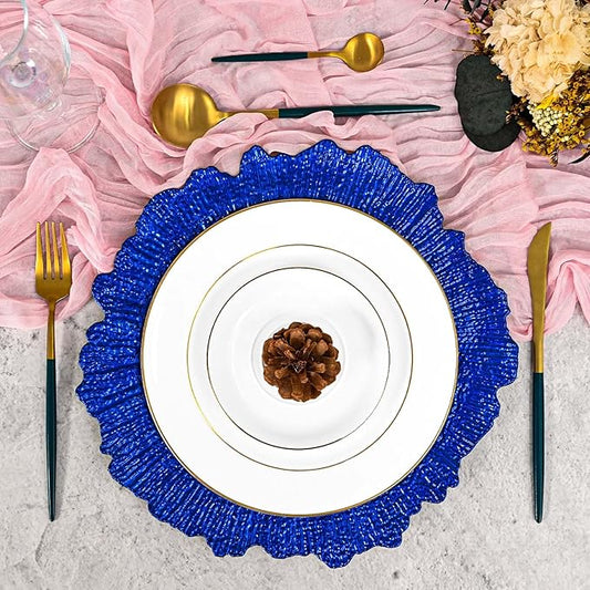 Pesonlook 24Pcs Royal Blue Charger Plates Round 13inch, Reef Plate Chargers for Dinner, Bulk Plastic Floral Table Charger Plates for Dinner Wedding Party Event Table Setting Decoration(Royal Blue)