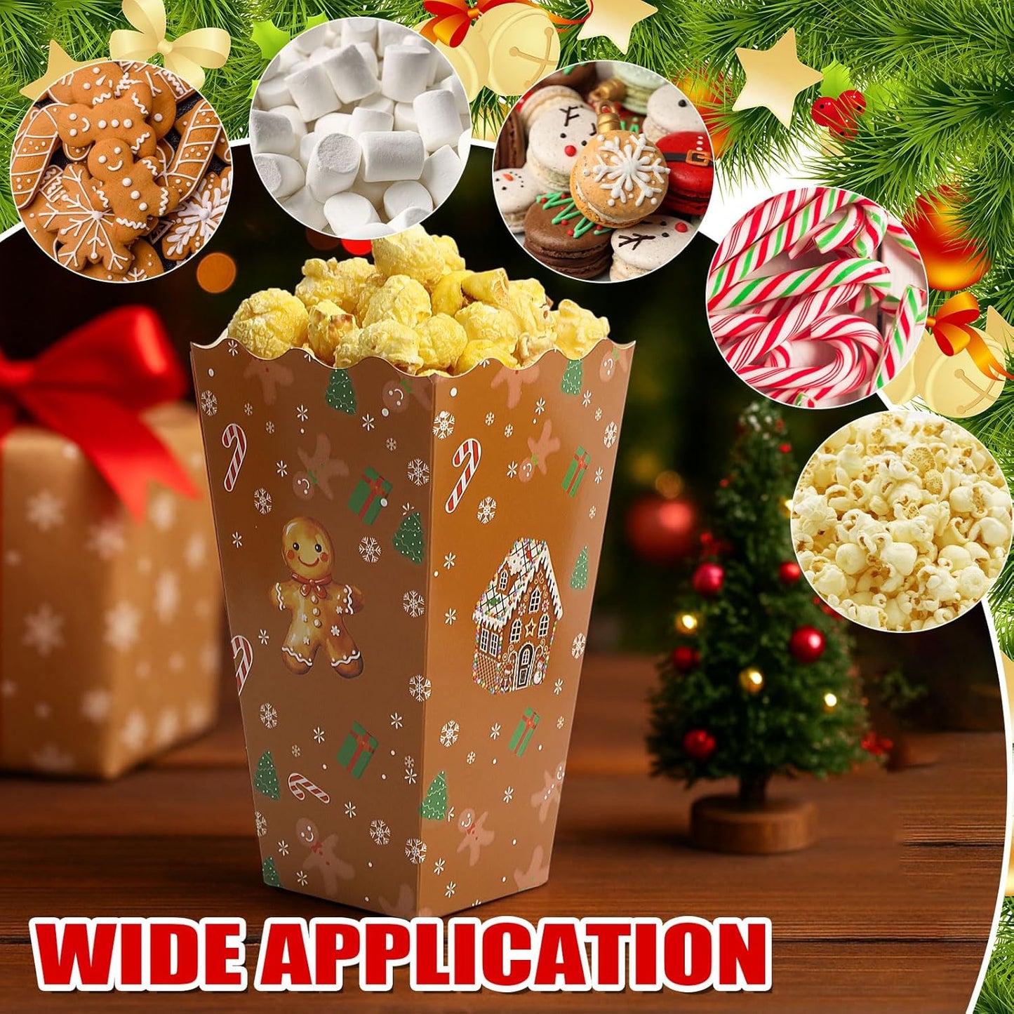 Faccito 24 Pcs Christmas Popcorn Boxes Brown Gingerbread Popcorn Boxes Christmas Paper Snow House Buckets Snack Containers Holiday Case for Xmas Party Gingerbread House Party Favors Supplies