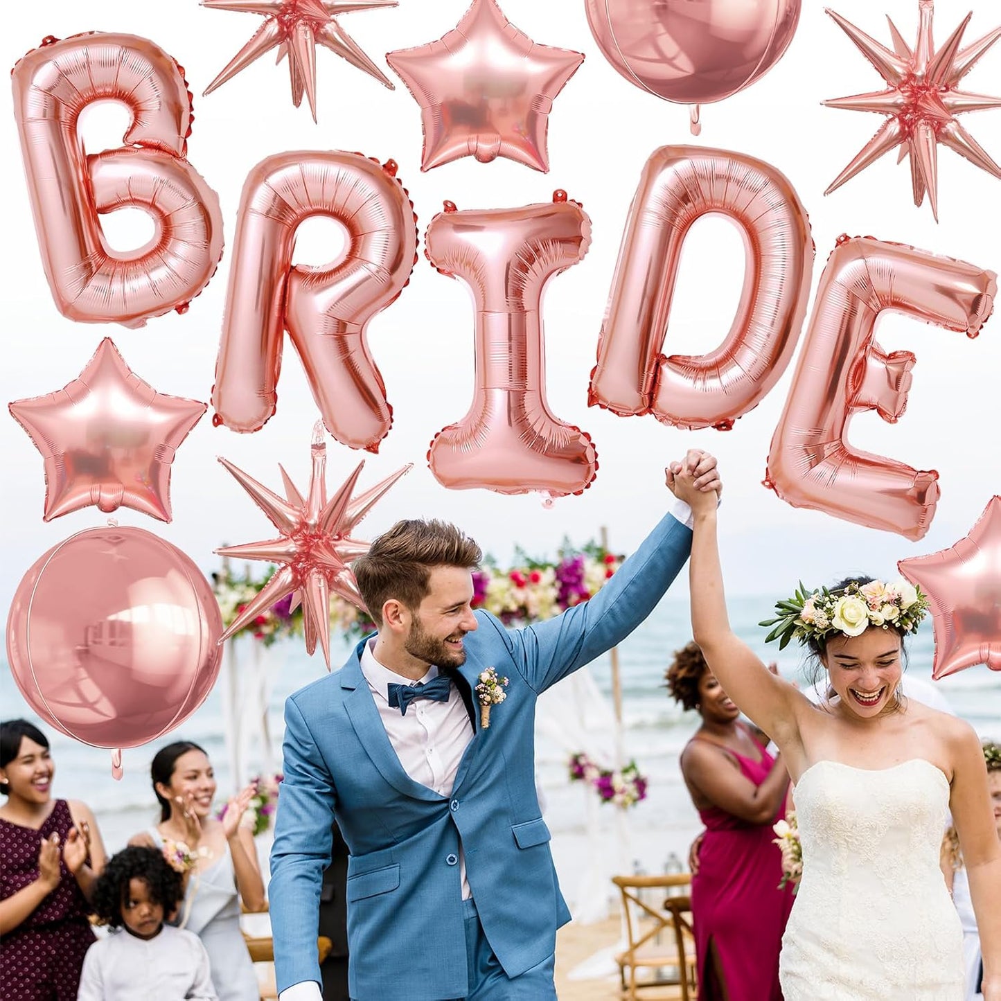 Rose Gold Bride Balloons Bachelorette Party Decorations, 32in Rose Gold Giant Bride Balloons with 4D Disco Ball Balloon and Star Foil Balloon for Bridal Shower Wedding Engagement Party Supplies