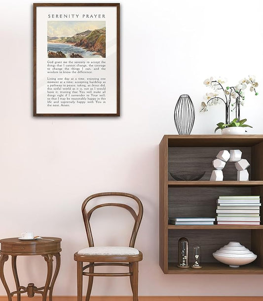 EcoHest Walnut Color OAK Wood Jesus Framed Wall Art, 12x16in Serenity Prayer Bible Verse Christian Wall Art, Modern Bedroom Religious Decor For Living Room Bathroom Christian Merch Gift 1Pack