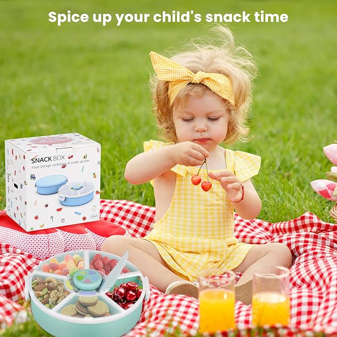 Snack Rotator Container Reusable Snack Box with 5 Compartment Dispenser and Lid, Color Matching Opening Lid, BPA and PVC Free, for Home, School, Travel (1 Pack- Green)