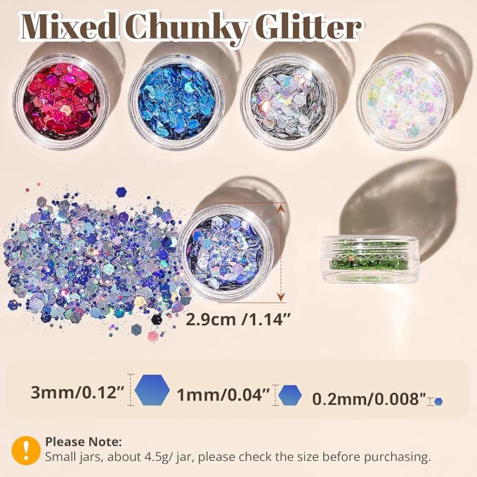 LEOBRO Glitter, 24 Jars Holographic Chunky Glitter for Crafts, Resin, Sequins for Crafts, Hair Face Body Makeup Nail, DIY Arts and Craft, Party Christmas Decorations