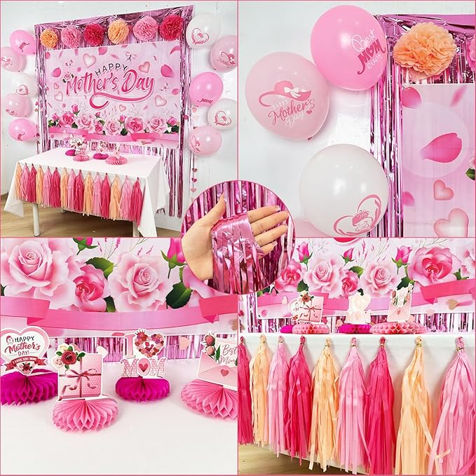 Mother's Day Decorations Pink Floral Happy Mothers Day Backdrop Honeycomb Table Centerpieces Balloons Foil Curtains Paper Pom Poms Wall Hanging Dining Decor Mothers Day Party Supplies