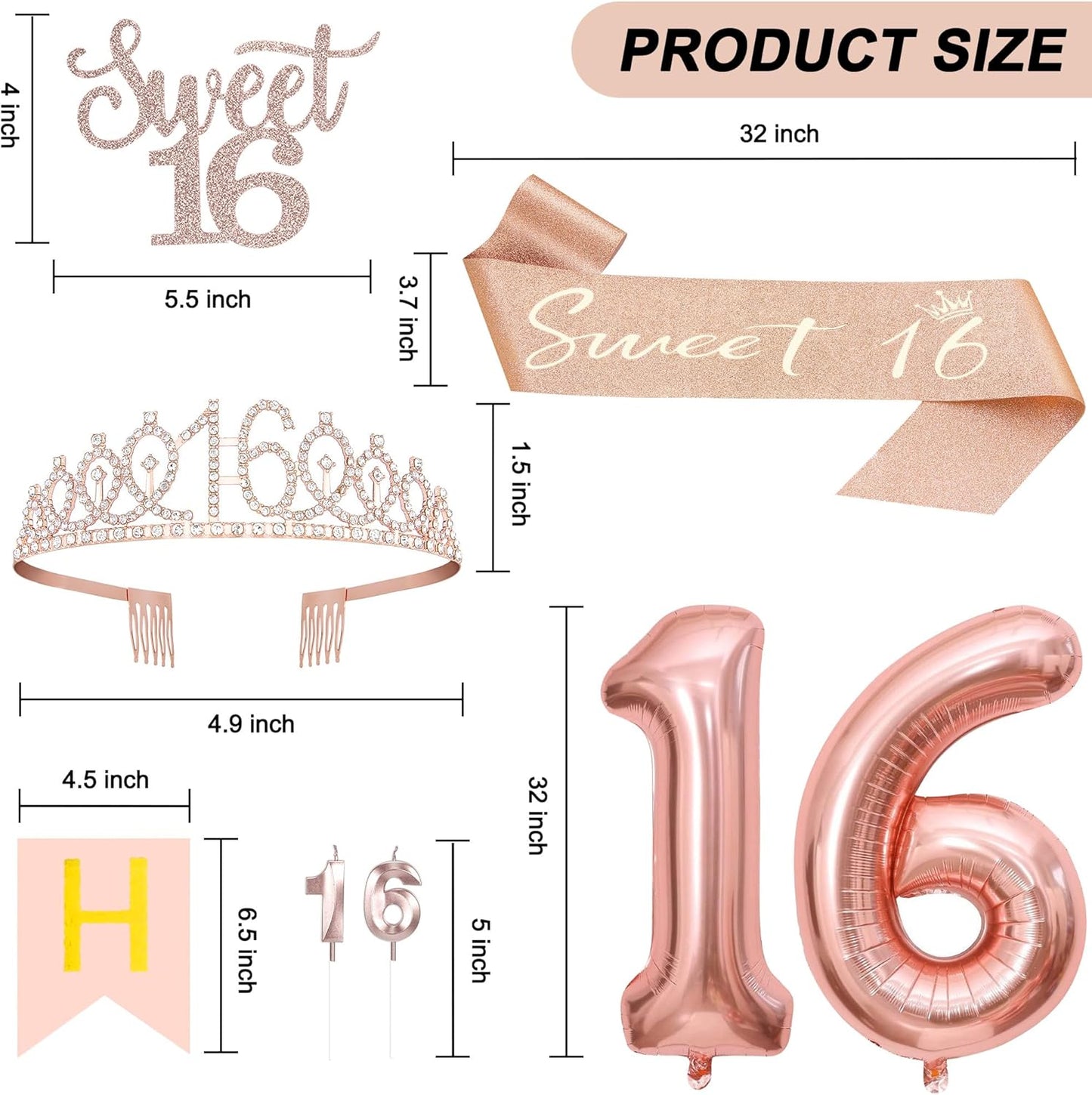 Sweet 16 Party Decorations, Including 16th Tiara and Sash, Happy Birthday Banner, Cake Toppers, Number Candles and Balloons Set, Rose Gold