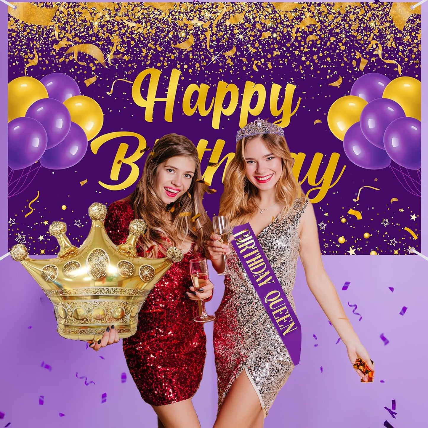 Trgowaul Purple Gold Birthday Party Set for Women & Girls - Happy Birthday Banner, Tiara, Cake Topper, Tablecloth & Party Favor Supplies